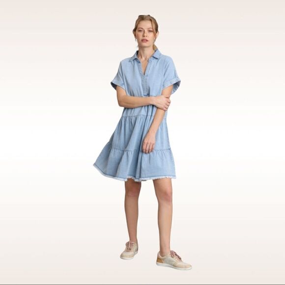Umgee Ruffle Tiered Denim Dress with Frayed Hem NWT - Picture 4 of 6